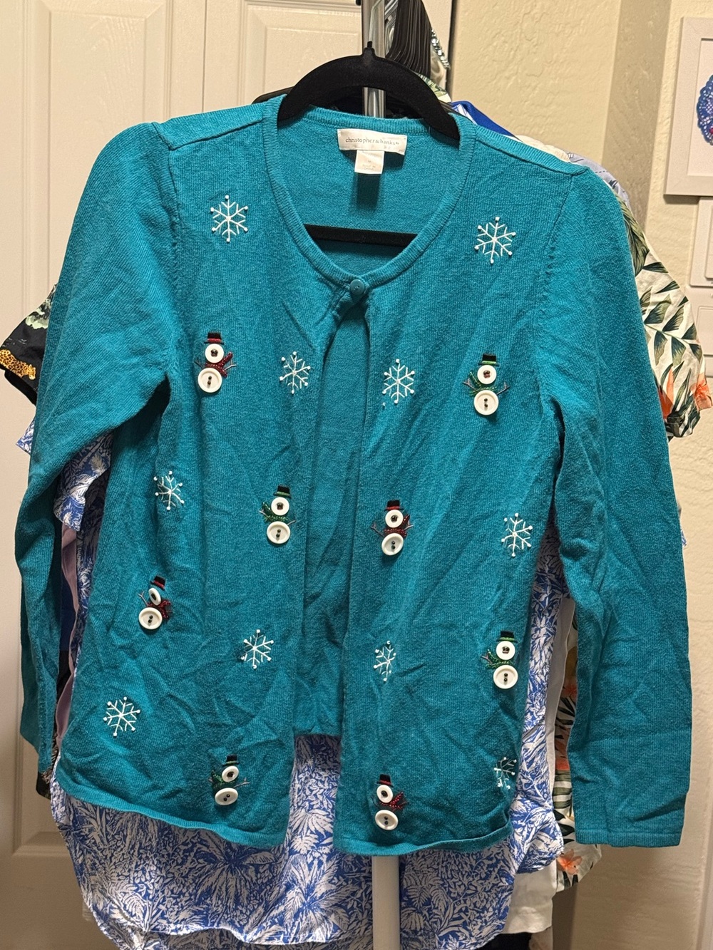 Women’s Teal Snowman Button Cardigan